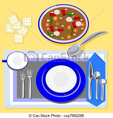 Clip Art Vector Of Soup And Crackers   Illustration Of A Table Setting