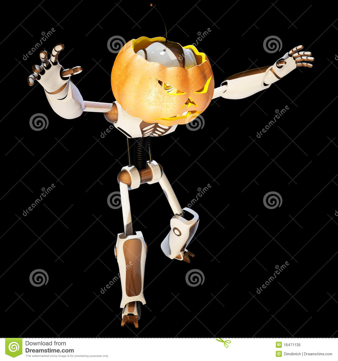 Scary Robot With A Pumpkin On His Head  With Clipping Path