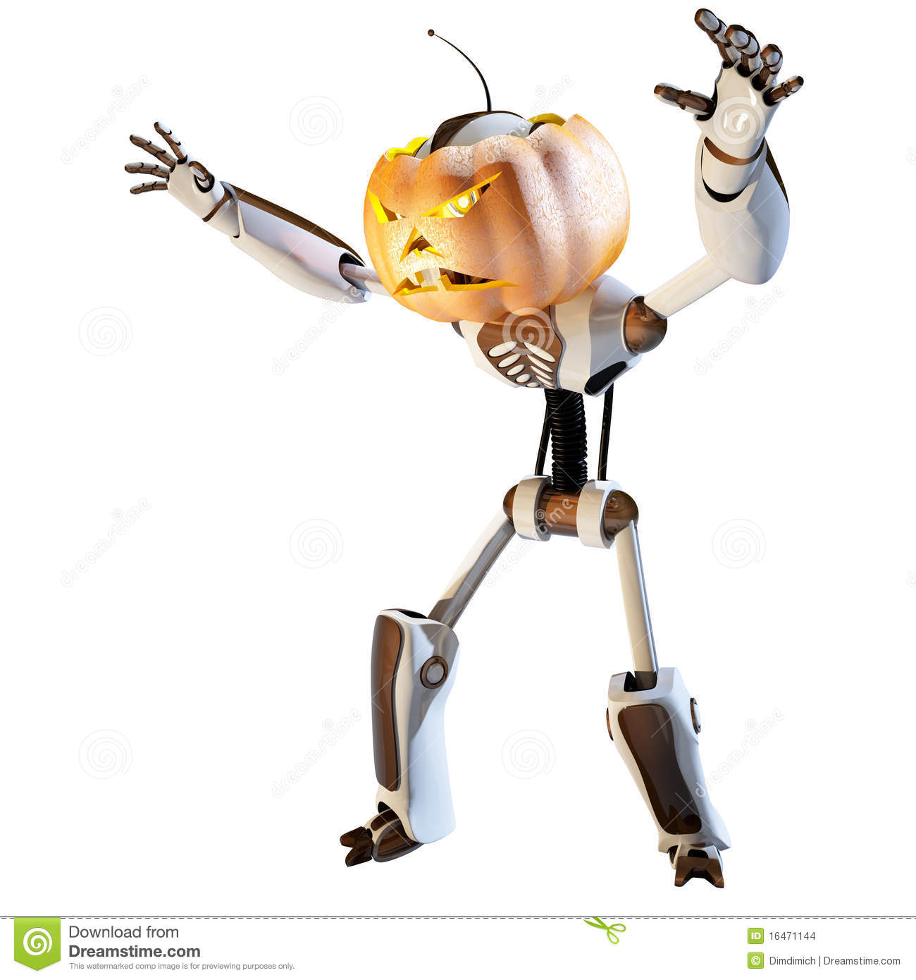 Scary Robot With A Pumpkin On His Head  With Clipping Path