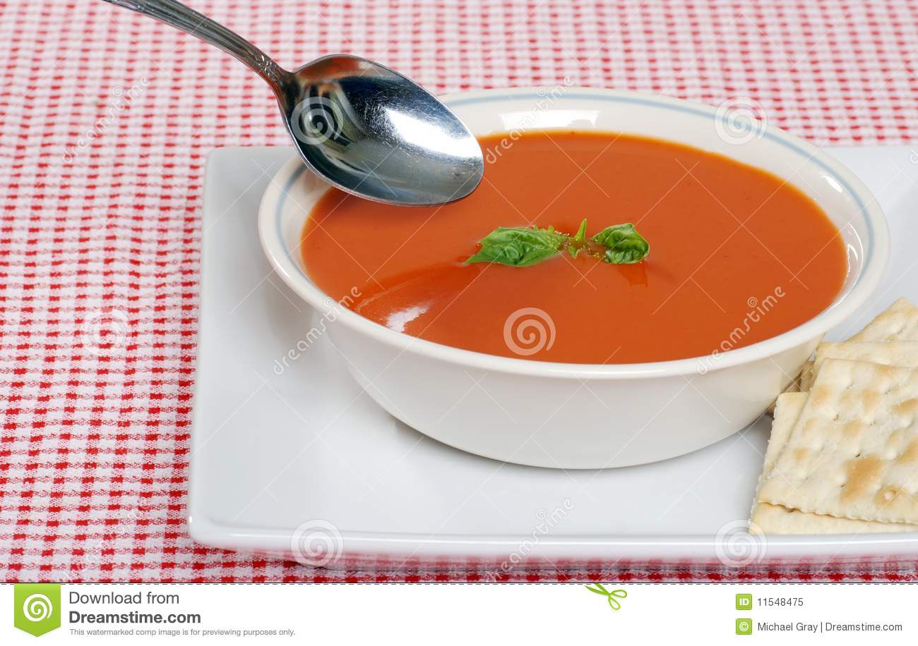 Tomato Soup With Crackers And Basil Royalty Free Stock Photo   Image