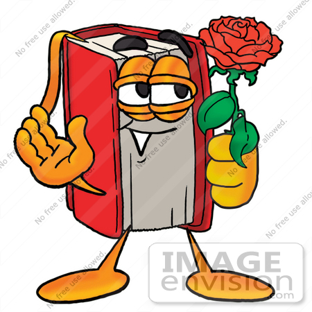 22554 Clip Art Graphic Of A Book Cartoon Character Holding A Red Rose    