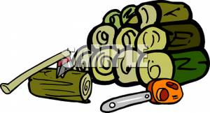 Chainsaw And Axe By A Stack Of Wood   Clipart