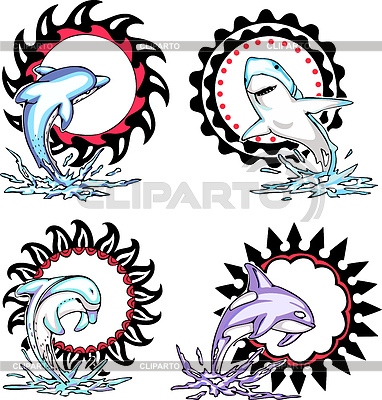 Totems   Sea Animals With Solar Signs  Set Of Vector Illustrations