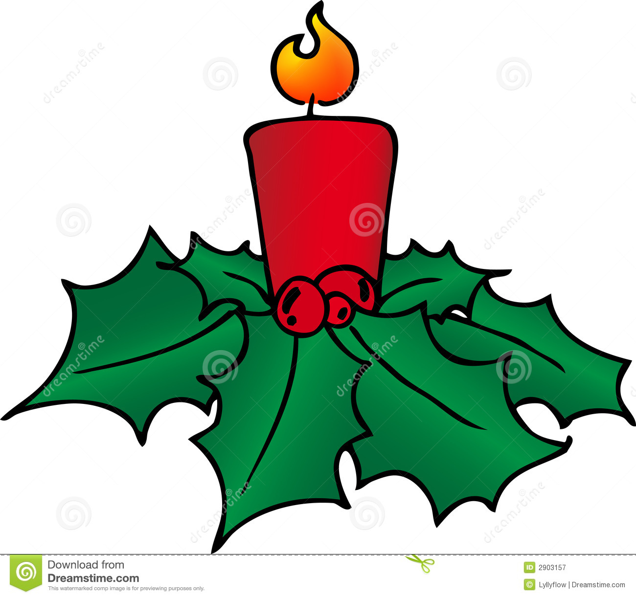 Christmas Red Candle With Holly Berries And Leafs In White Background