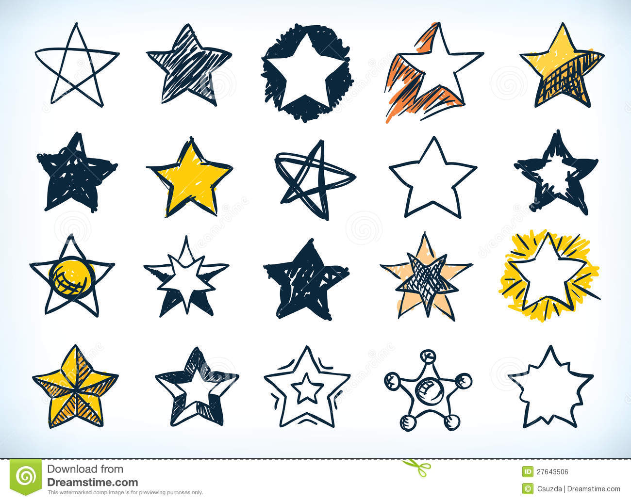 Collection Of Sixteen Handdrawn Pen And Ink Stars In Various Shapes