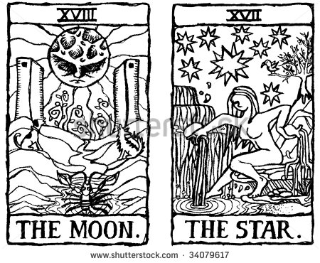 Hand Drawn Grungy Textured Tarot Cards Depicting The Moon And The