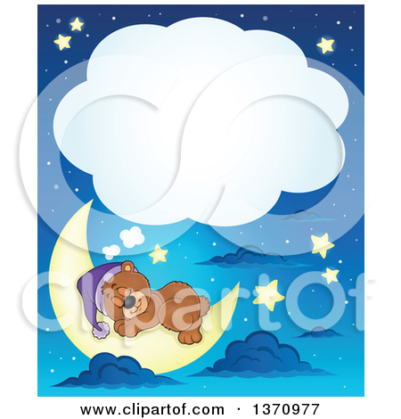 Clipart Of A Cute Brown Bear Sleeping On A Crescent Moon Over A Winter