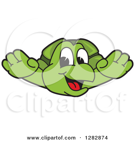 Clipart Of A Happy Turtle School Mascot Character Flying Or Leaping    