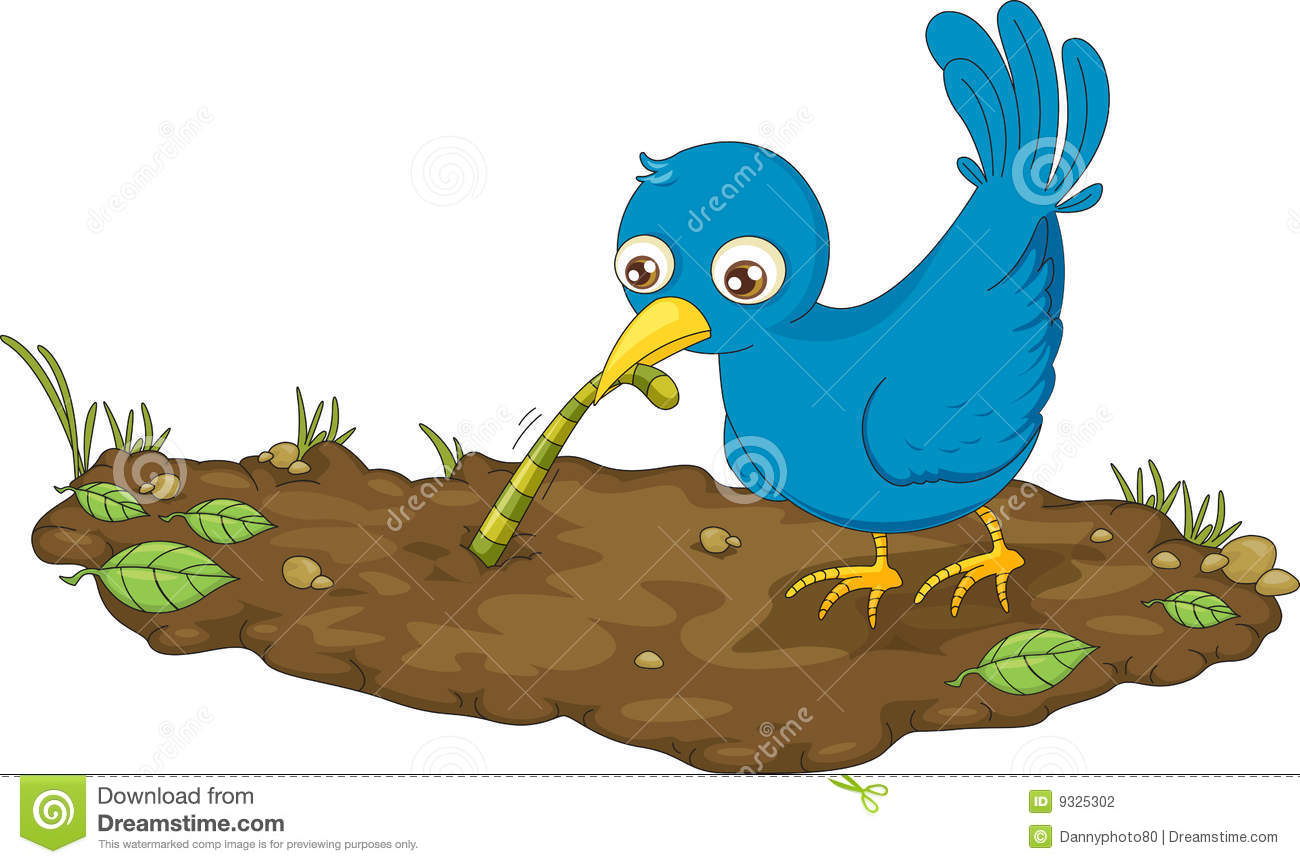 Illustration Of A Bird Pulling A Worm From Ground