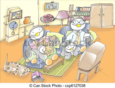 Stock Illustration Of Family Of Penguins In The Room Dad Mom Small