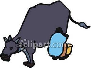 Blue Cow Being Drained Of Milk   Royalty Free Clipart Picture