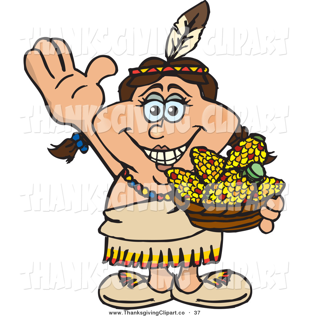 Cheerful Thanksgiving Native American Woman Holding A Bowl Of Corn