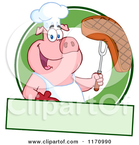Chef Pig Holding A Beef Steak On A Bbq Fork Over A Green Cir
