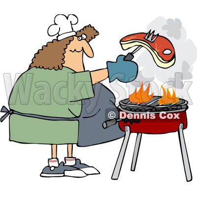 Clipart Woman Grilling Steak On A Bbq   Royalty Free Vector