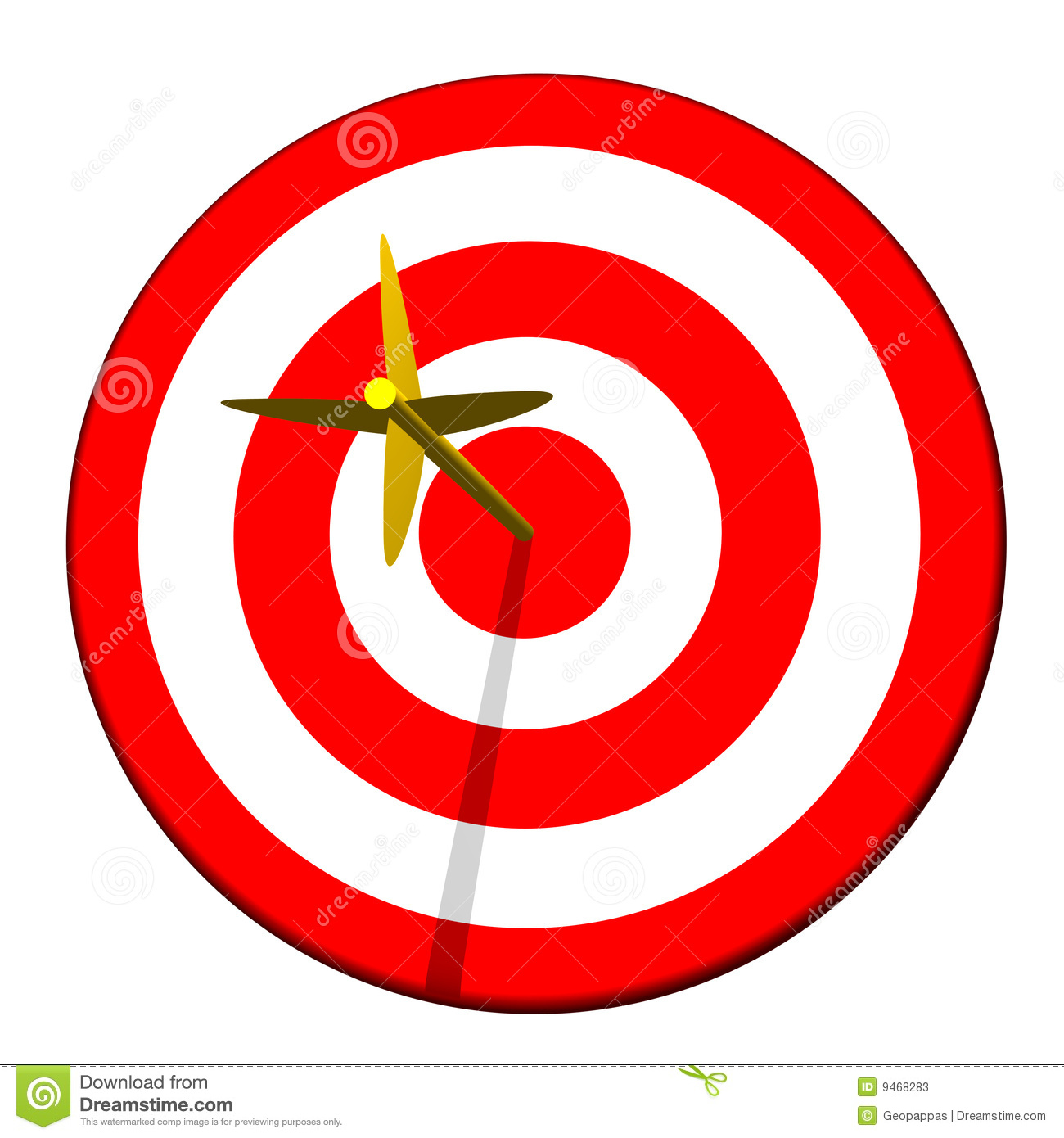 Golden Arrow Hitting Bullseye On Target Isolated On A White Background    