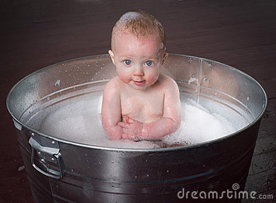Baby Bathing In Galvanized Tub Bubbles Stock Images   Image  18575384