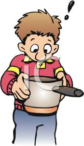     Boy Looking Confused Into An Empty Pot   Royalty Free Clipart Picture