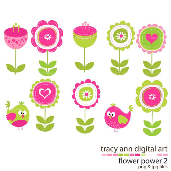 Clip Art Flower Power Hot Pink And Green Flowers And Birds
