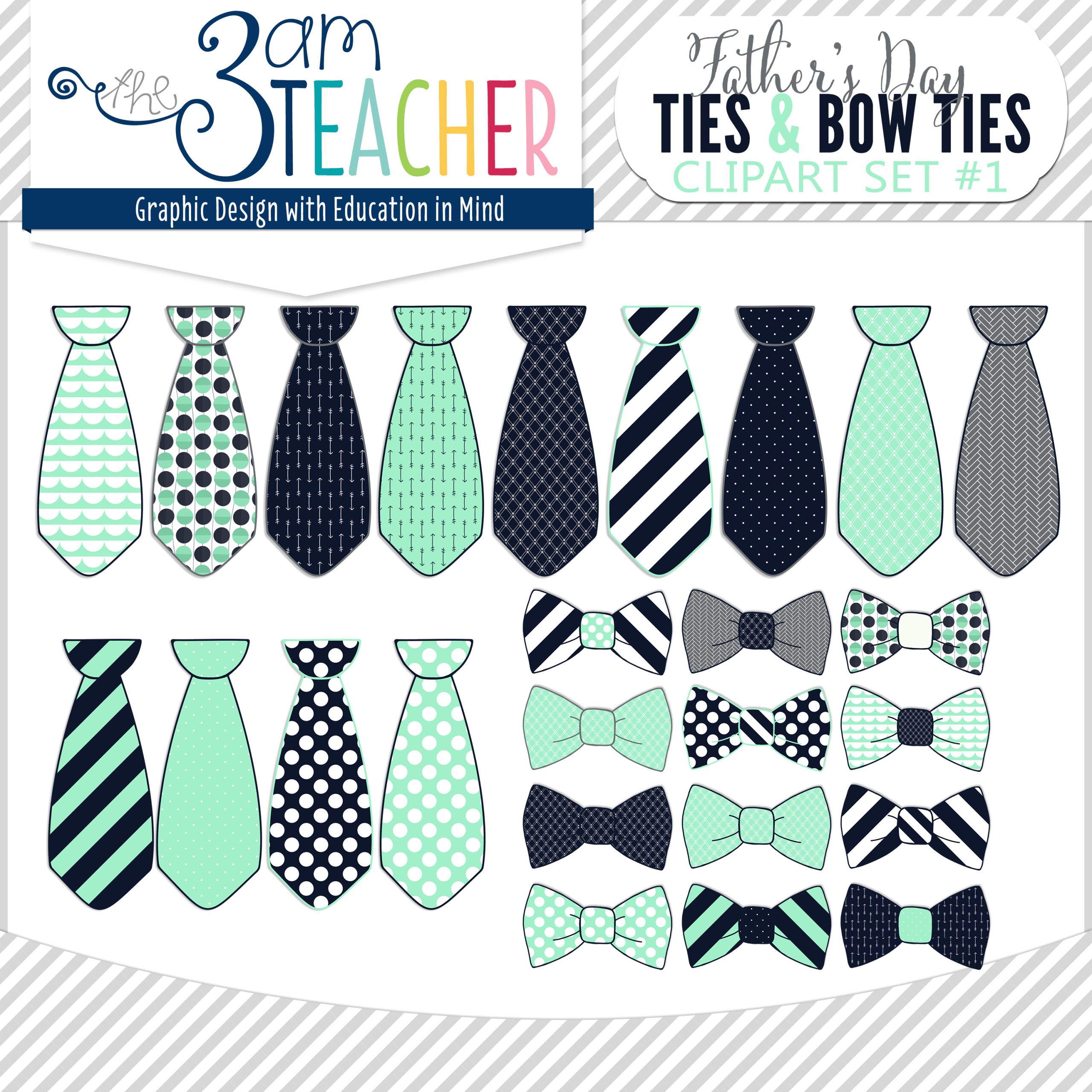Father S Day Ties   Bow Ties Clipart Set  Navy   Sea Green   The 3am