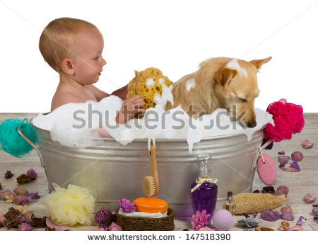 Fun Bathing With Her Dog In A Metal Bathtub Filled With Soapy Bubbles