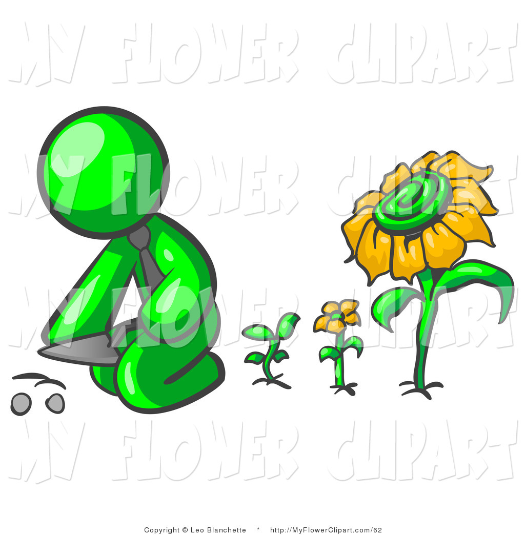 Lime Green Man Kneeling By Tall Growing Sunflowers To Plant Seeds In A    