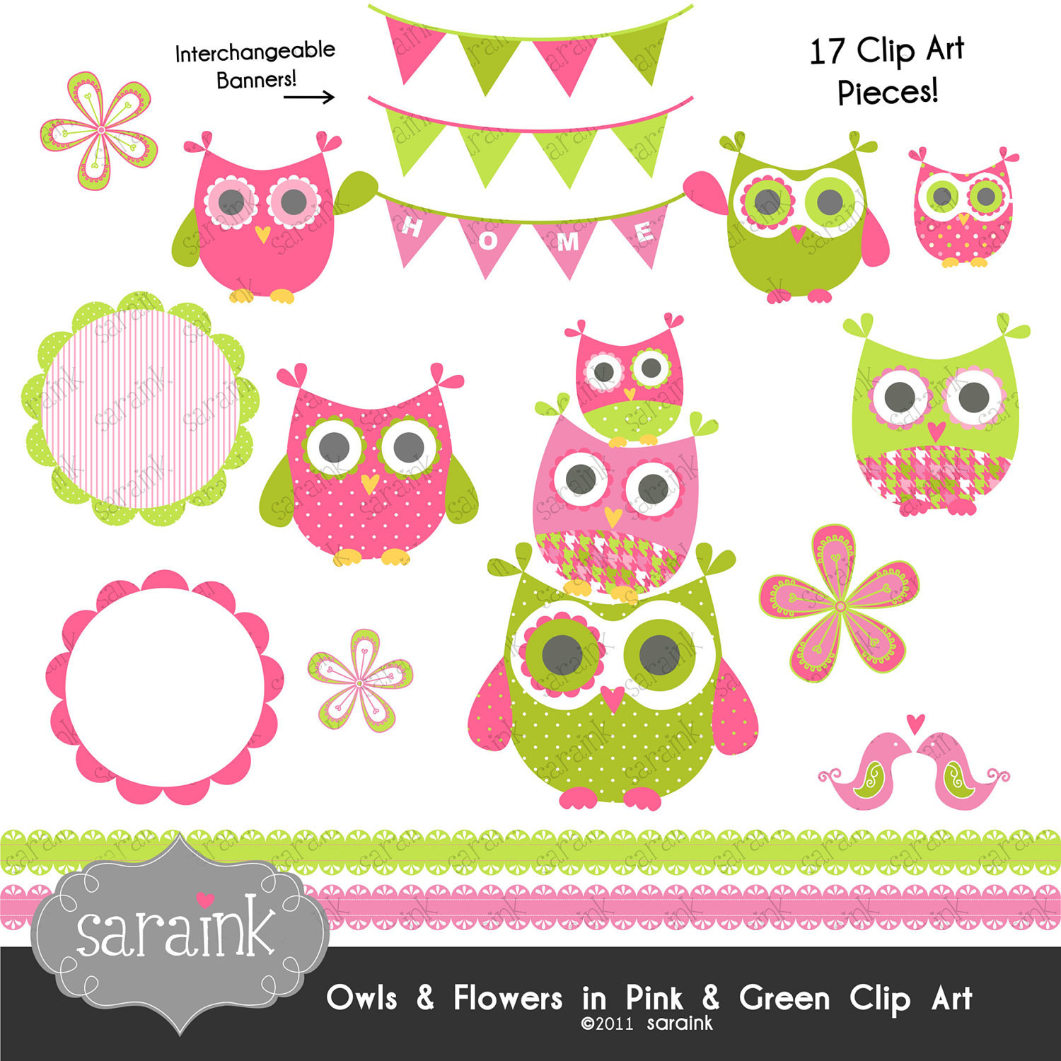 Owl And Flower Clipart Download Pink   Lime Green By Saraink