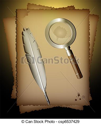 Vector   Old Paper Feather Pen And Magnifer   Stock Illustration