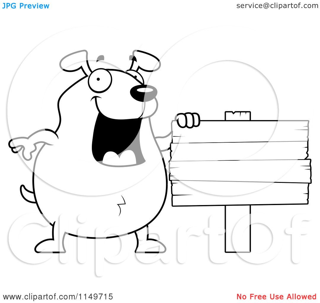 Cartoon Clipart Of A Black And White Chubby Dog Beside A Blank Sign