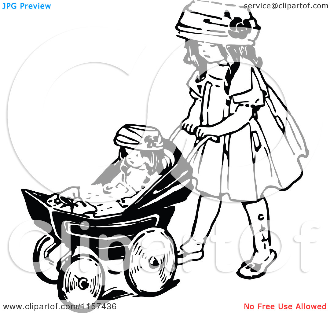 Clipart Of A Retro Vintage Black And White Girl Pushing A Doll In A    