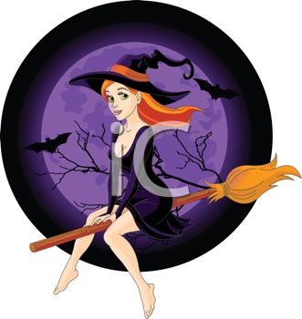 Pretty Sexy Witch Riding Her Broom With A Full Moon And Bats   Royalty