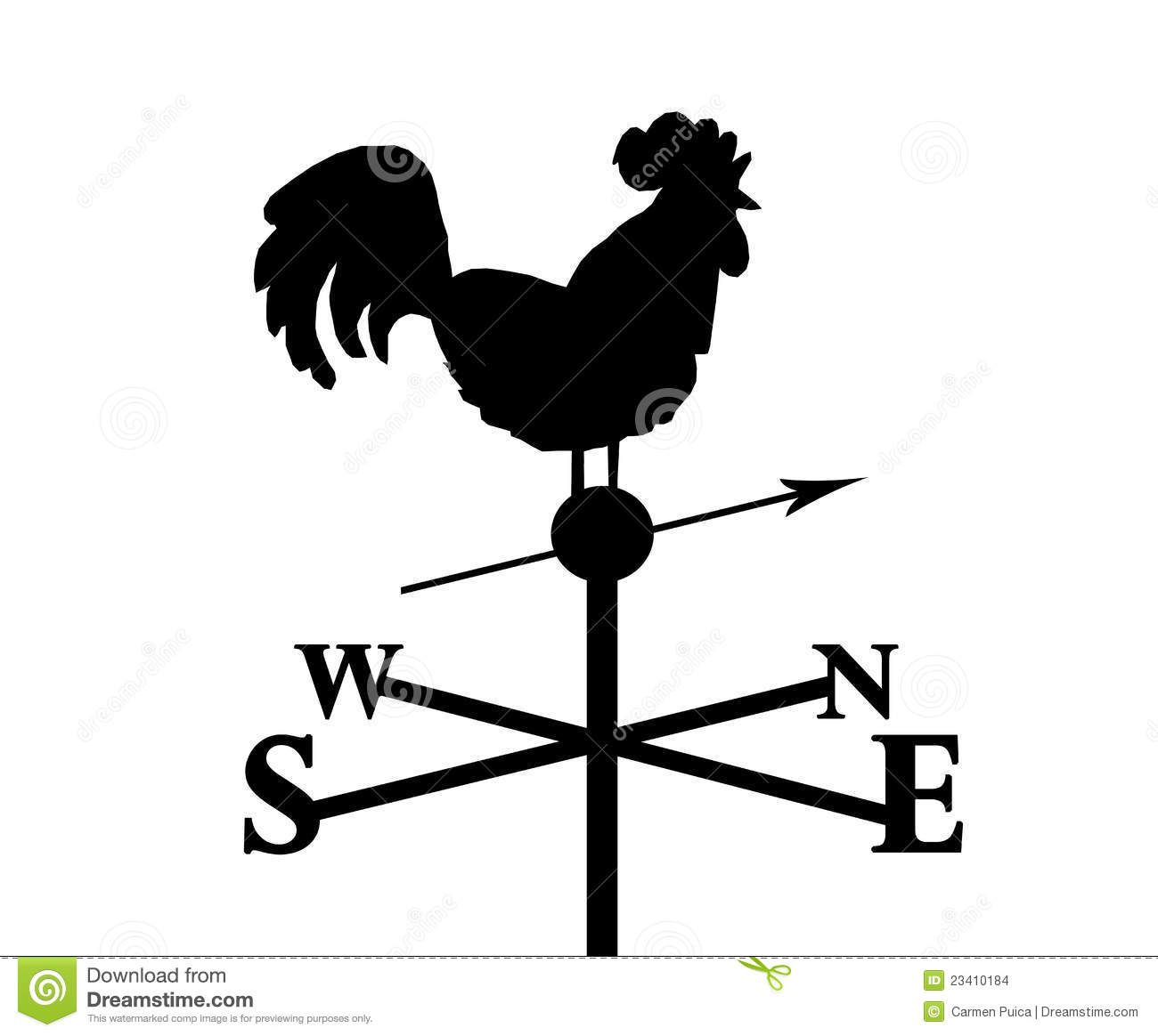 Rooster Pointing North  Weather Vane  Black And White Illustration