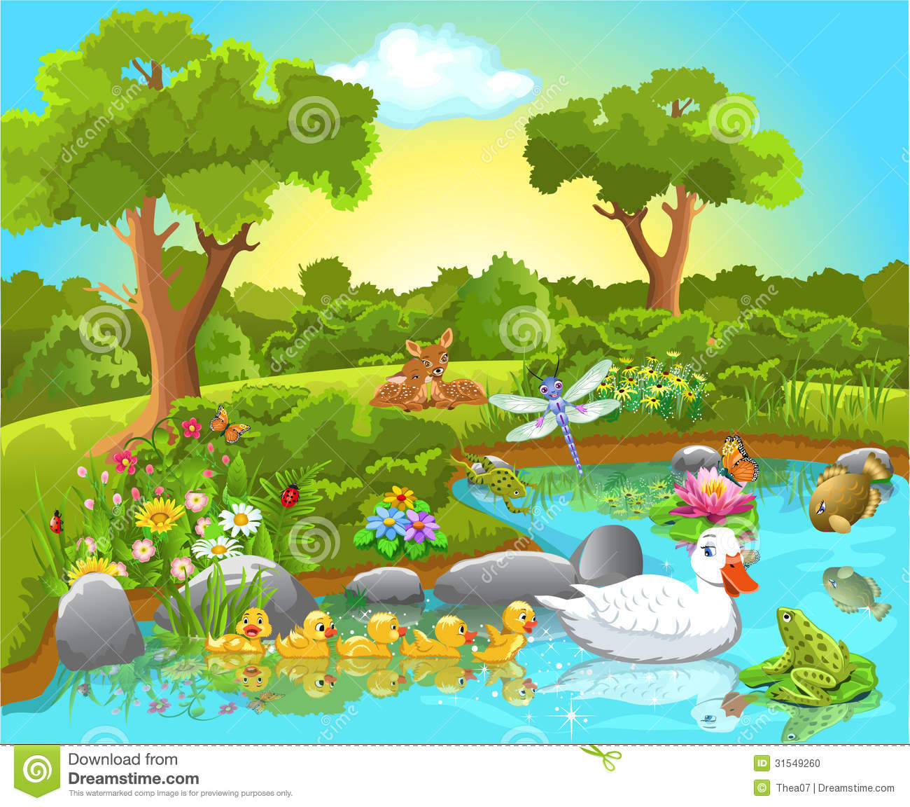 Vector Illustration Of Cheerful Animals On A Pond