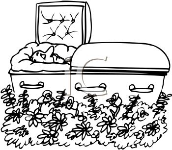 5960 Black And White Cartoon Of A Dead Man In His Coffin Clipart Image