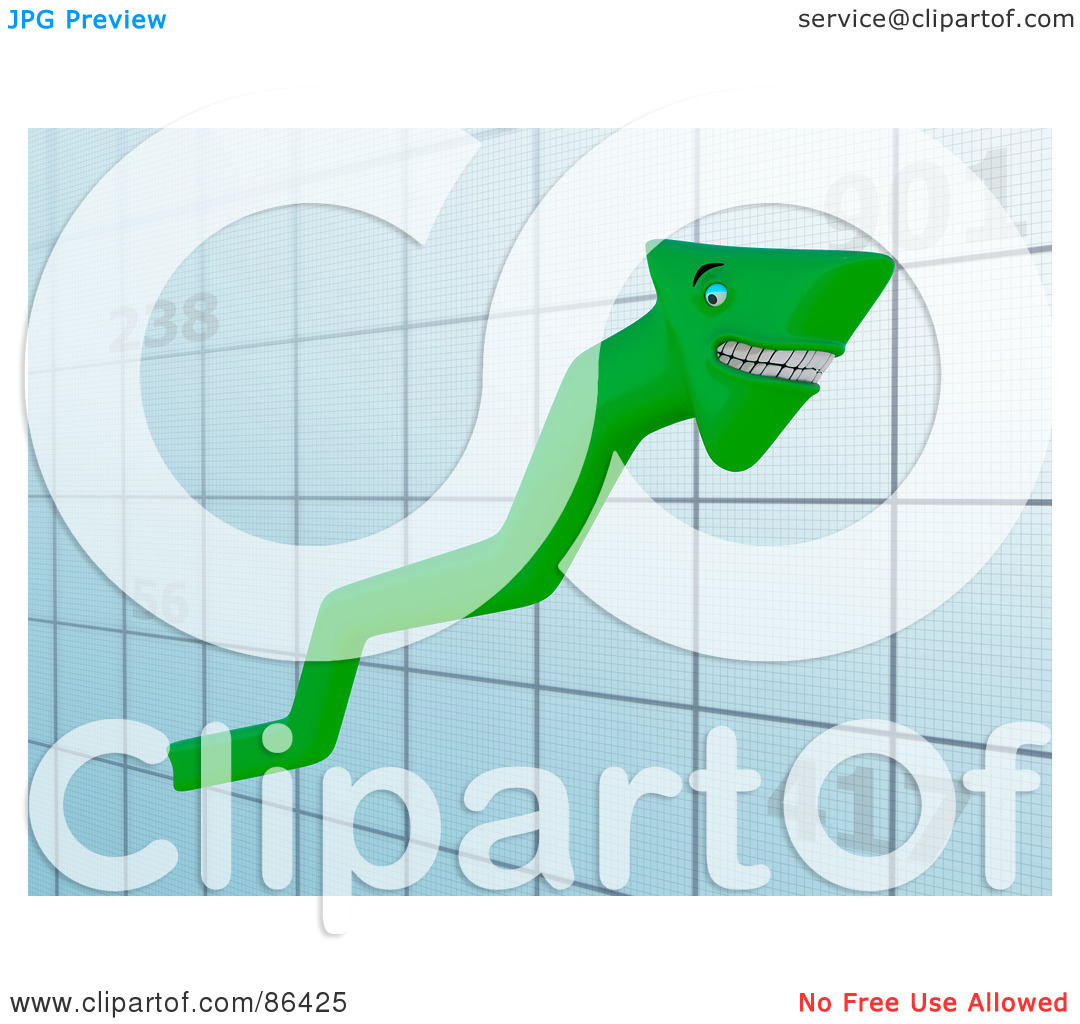 Clipart Illustration Of A Grinning Green Arrow Moving Up On A Graph