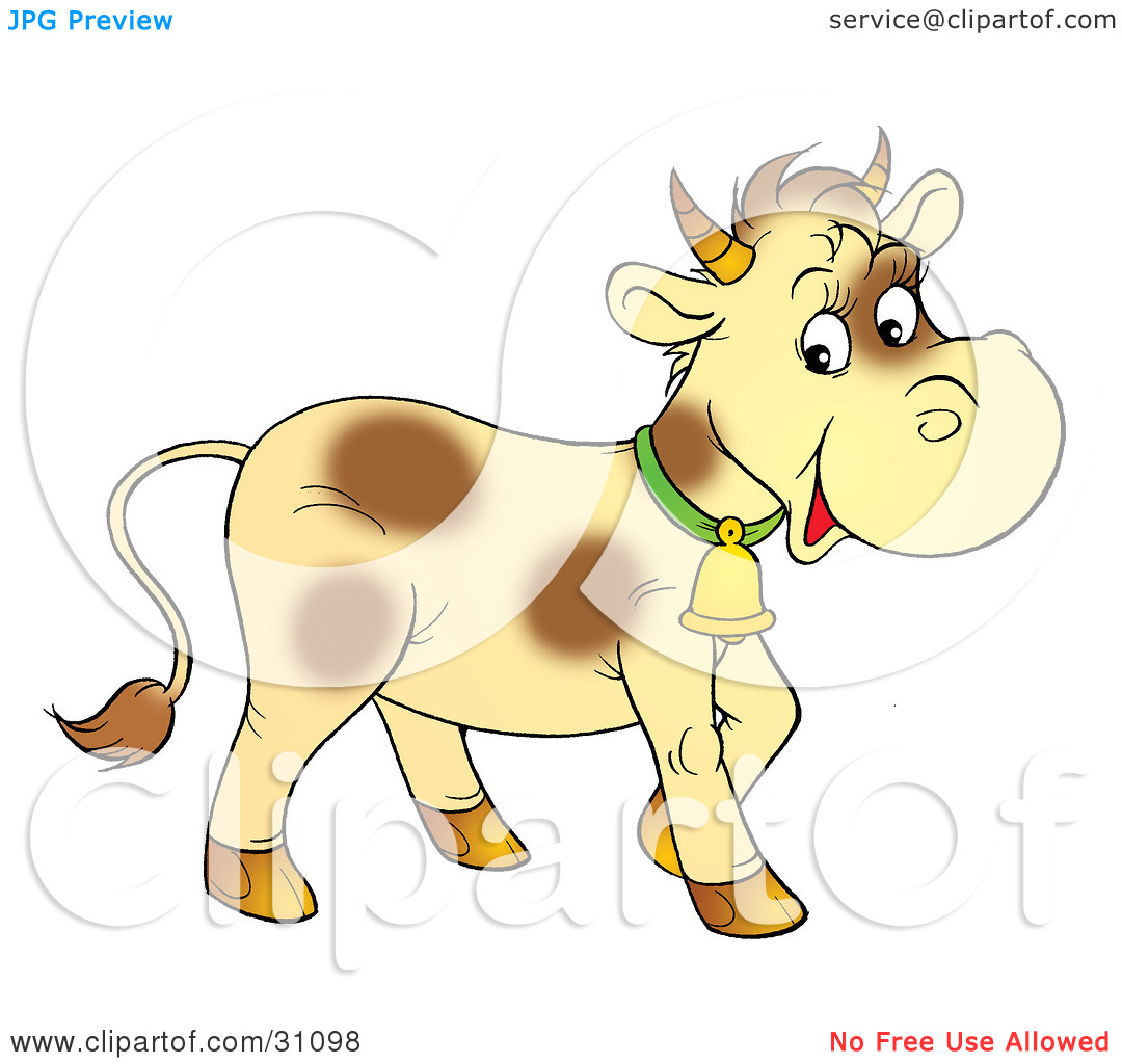 Clipart Illustration Of A Pale Yellow Cow With Brown Spots Wearing A