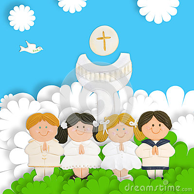 First Communion Card Group Of Children Calyx And Wafer