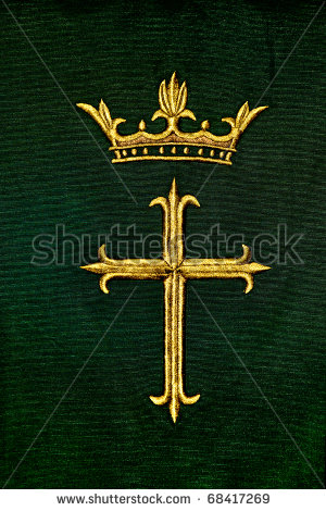 Gold Crown And Cross Against A Green Fabric  Stock Photo 68417269