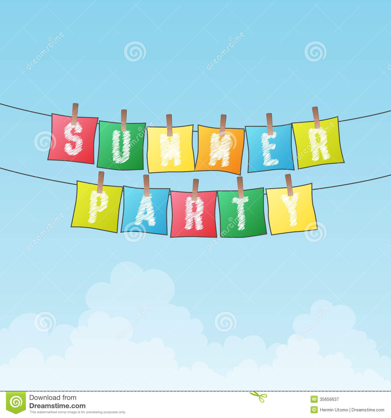 Vector Illustration Of Summer Party Text Word On Papers Hanging On