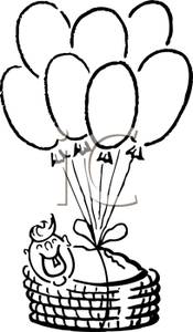 Black And White Cartoon Of A Newborn In A Basket With Balloons