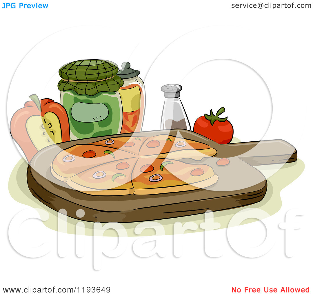 Cartoon Of A Pizza On A Wood Pan With Condiments And Toppings    
