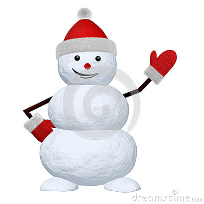 Cheerful Snowman With Red Fluffy Hat And Mittens Pointing To Something    
