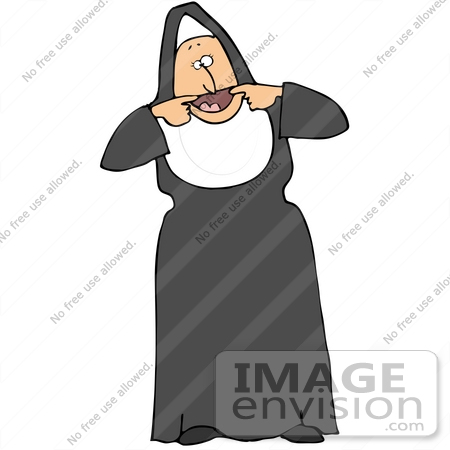 Clip Art Graphic Of A Childlike Nun Making Funny Faces And Holding Her