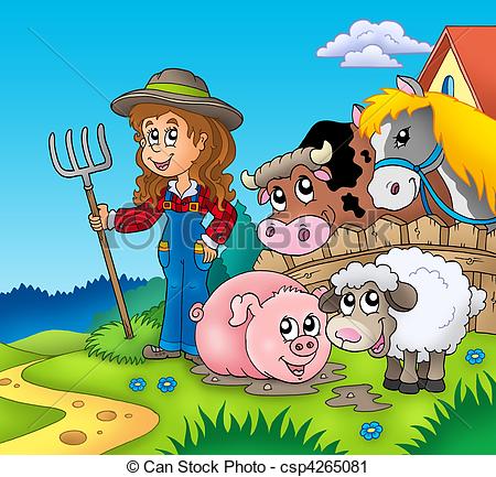 Clipart Of Country Girl With Farm Animals   Color Illustration