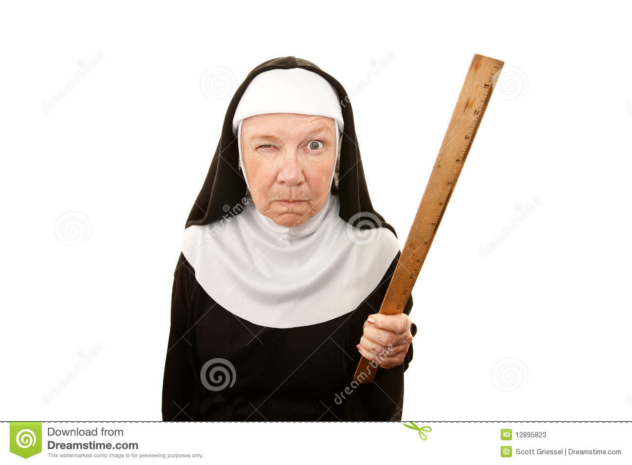 Funny Nun Carrying Wooden Ruler As A Weapon