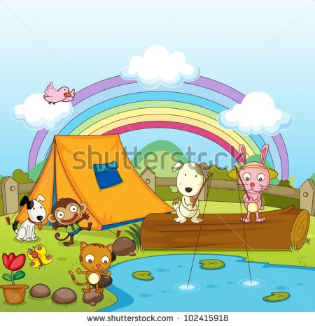 Illustration Of Animals Camping And Fishing   Stock Vector