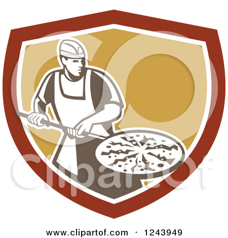 Retro Male Pizzeria Chef With A Pie On A Pan In A Shield By Patrimonio