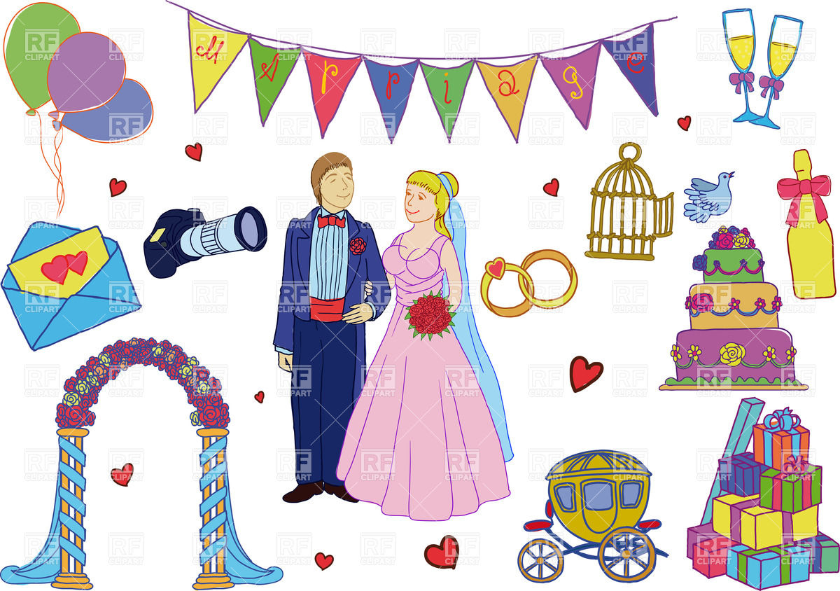 Simple Cartoon Wedding Decorations And Bride With Groom 38132    