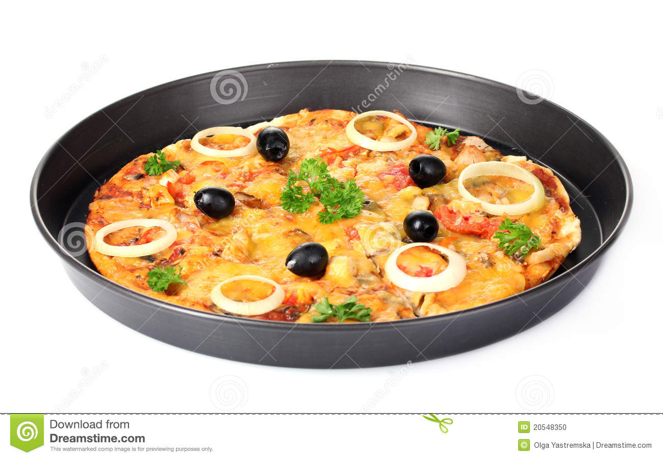 Tasty Pizza With Olives In The Pan Over The White