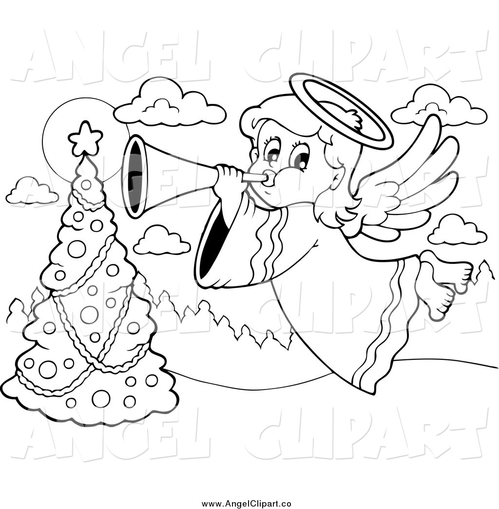 Art Of A Black And White Christmas Angel Bowing A Horn By A Christmas    