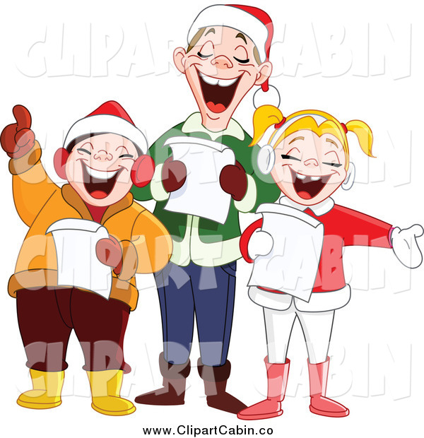 Clip Art Vector Of A Happy Caucasian Singing Family At Christmas Time